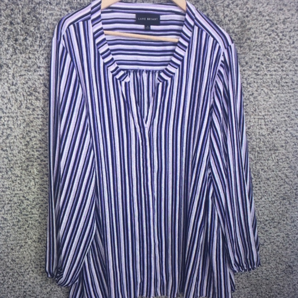Lane Bryant Purple and White Vertical Stripe Peasant Blouse